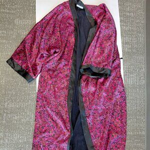 Vintage Valerie Stevens Satin Floral Fleece Lined Kimono Robe Black Pink Large
